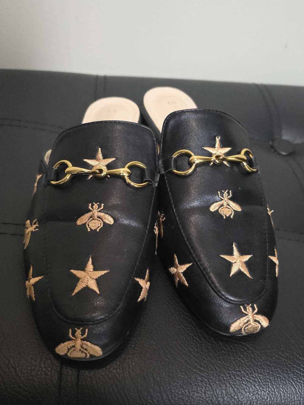 She & In Black Embroidered Bee & Star Mules with Gold Bit